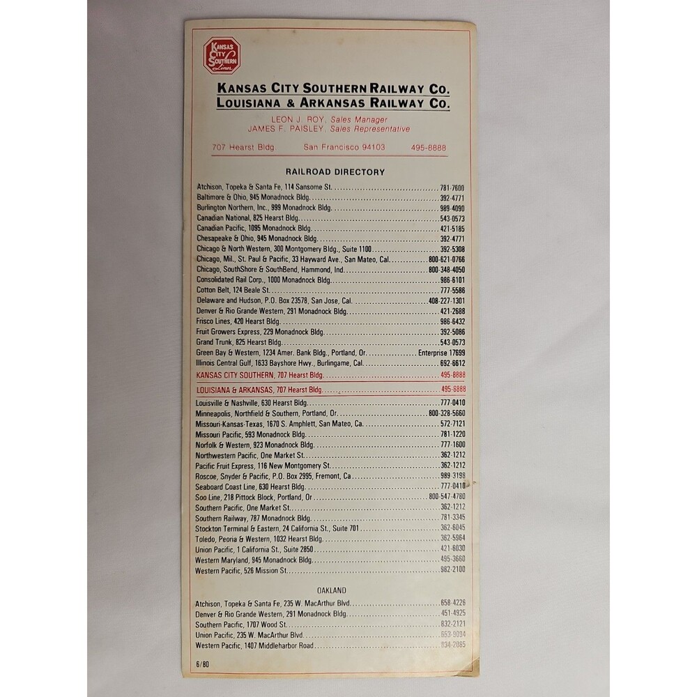 Vintage Kansas City Southern Railway Railroad Directory San Francisco 1980